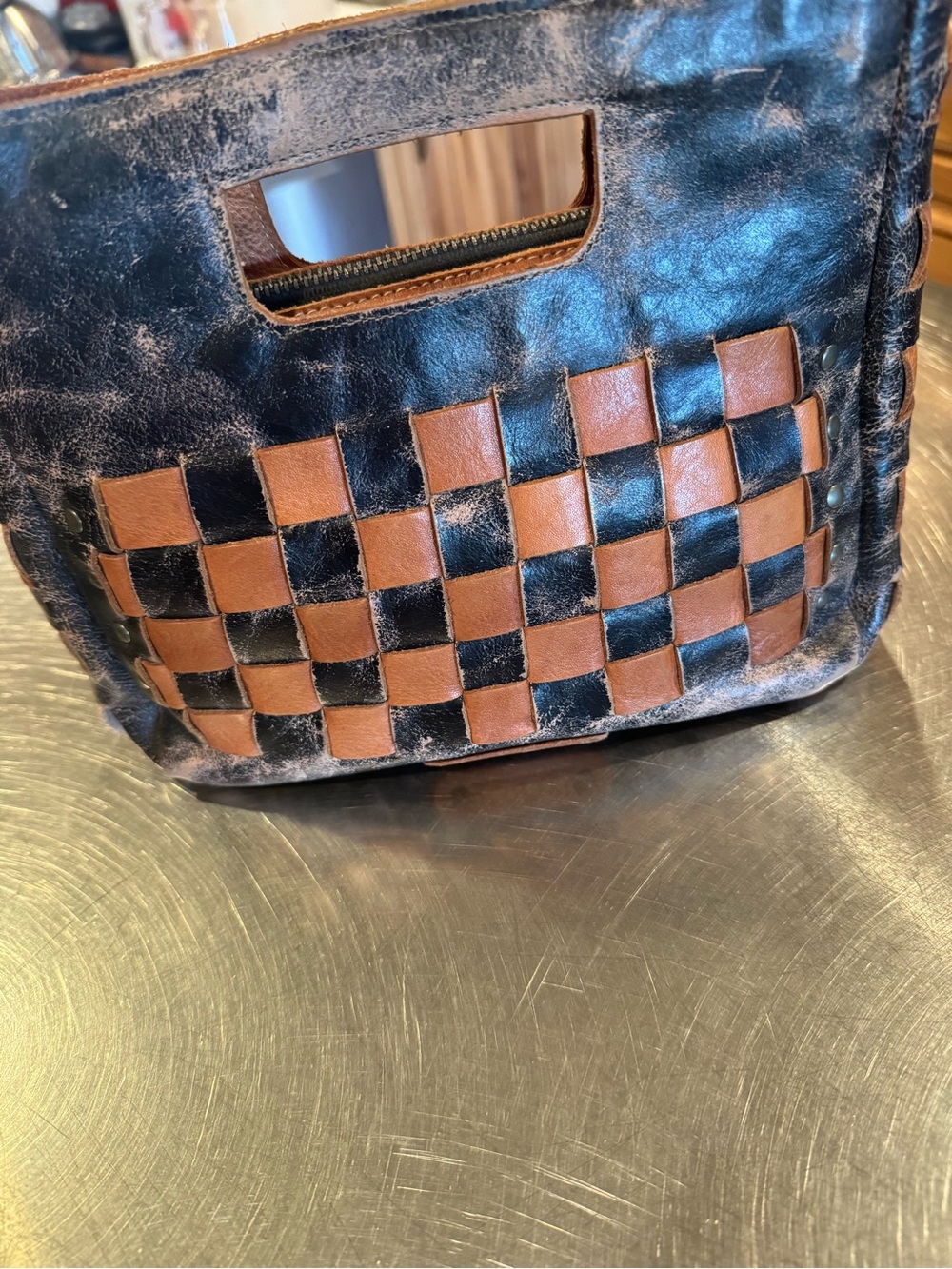 Bed Stu Black and Brown Woven Leather Crossbody Purse